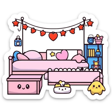 small cute bedroom with kawaii decor, stuffed animals, heart-shaped pillows, star garland sticker