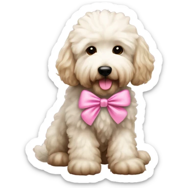 White fluffy goldendoodle pink bow sticker