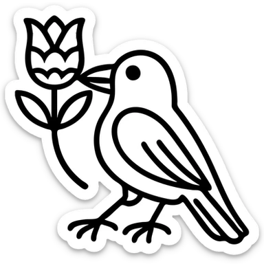 Black crow with bold black outline holding a tulip in Scandinavian folk art style. The tulip uses bright folk colors matching those in the heart motif such as red, yellow, blue, green, and white. The motif is outlined in black, simple and clear design, transparent background, matching the previous heart set style. sticker