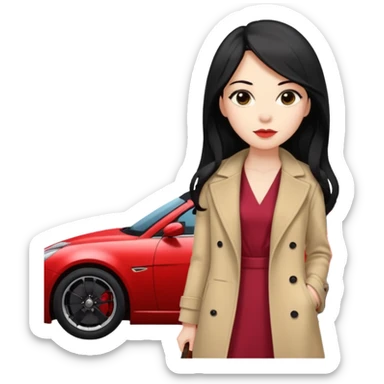 A fast, expensive black car with a young woman beside it The young woman has long black hair, wears a beige formal coat, and underneath is a cherry-colored dress.   sticker