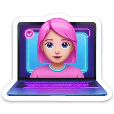 laptop computer with video call showing a person on screen, pink and light blue interface, with neon glow lines, blue neon light on top left, purple neon light on bottom right sticker