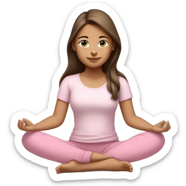 a girl with brown long hair, fair skin and green eyes, meditates in a relaxed lotus position in a comfortable monochrome pink top and monochrome pink leggings sticker