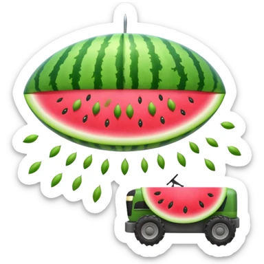 A UFO shaped like a slice of watermelon abducting seeds with a tiny tractor beam. Bright fun colors, cartoon style, minimal shadows, transparent background. sticker
