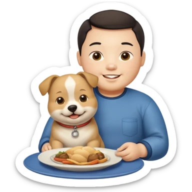 A fat Chinese boy with a dog sitting on his plate  sticker