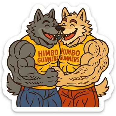 two hyper-muscular wolf furry characters in 'Himbo gunners' t-shirts, hugging, big smiles, playful and affectionate, oversized and detailed muscles, intricate fur, high quality sticker