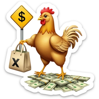 "Road" sign with a chicken running along it with a bag of money
— Road below (like in Frogger), chicken in flight (or on a skateboard, because why not), bag of money behind. An egg with an X is flying in the air. This conveys dynamics + plot in 1 pictogram. sticker