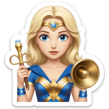Blonde blue eyed Wonder Woman holding white orchestra conductor’s baton and bell sticker