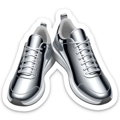 A pair of futuristic sneakers emoji made of silver chrome, sleek streetwear design, smooth metallic panels, subtle reflections, luxury swag aesthetic, iOS emoji style, centered, clean white background sticker
