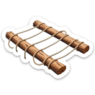 showing a simple wooden raft floating on calm blue water — made of several brown logs tied together with rope — gentle ripples around it — bright, cheerful lighting and soft shadows — minimalist, clean emoji design sticker