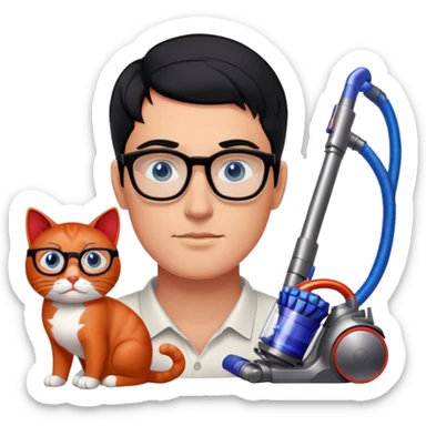 Man with black hair and blue eyes with glasses using Dyson gen5  with 2 red cats sticker