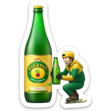 Man ski grinding over a giant green bottle of buckfast tonic wine with yellow label sticker