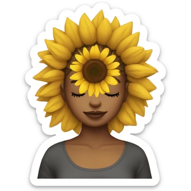 A girl wearing a sunflower plushie around her face and head sticker