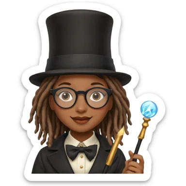 Black female with dread lock hair and large glasses in a top hat with a magic wand sticker