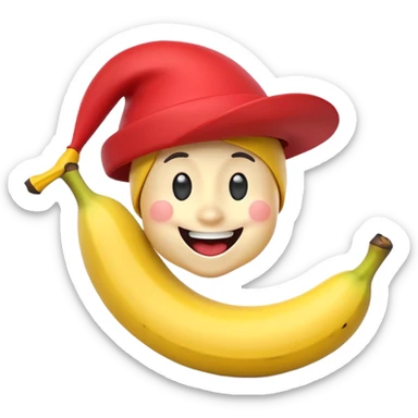 A 3D cartoon banana with a red nose and tiny hat, smiling face, playful pose, Memoji-style. sticker