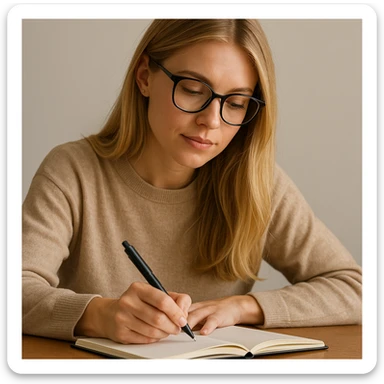 blonde woman wearing glasses, writing in a notebook sticker
