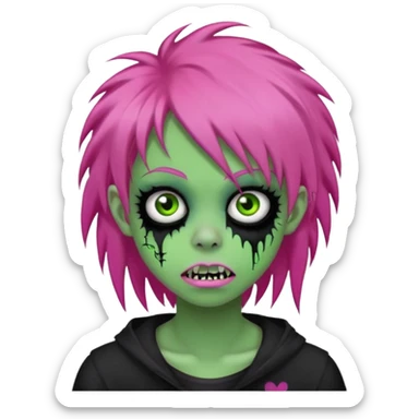 girl, green zombie, pink coily hair, medium long, emo, shaggy, dark, spooky, piercing on eyebrow, colourful teeth, creepy blank expression sticker