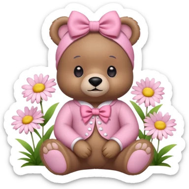 kawaii bear with a pink bow and pink outfit, sitting with flowers and daisies, adorable expression, pastel pink background, 3D iOS emoji style sticker
