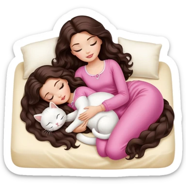 White Barbie girl dark brown long wavy hair sleeping with white kitty at cream bed sticker