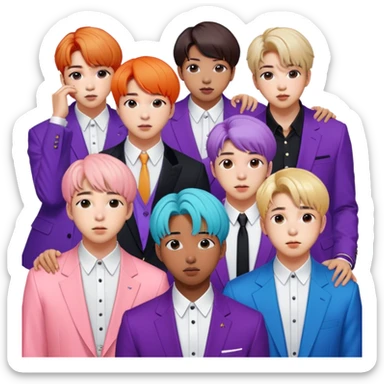 Cinematic Realistic group portrait of BTS featuring all 7 members in stylish modern attire, with detailed facial expressions and vibrant colors, captured in dynamic, contemporary lighting that emphasizes their global pop icon status sticker