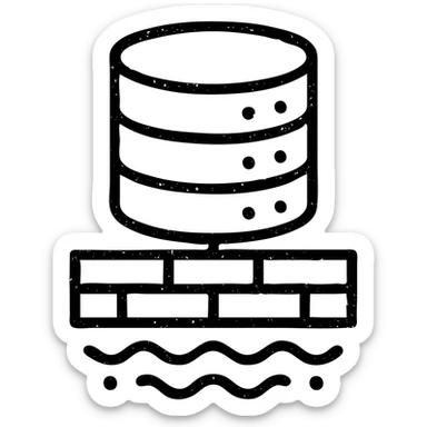 abstract minimalist outlined icon of database shapes intersecting with a basement motif, with abstract data streams of lines, dots, or waves, worn and distressed effect sticker