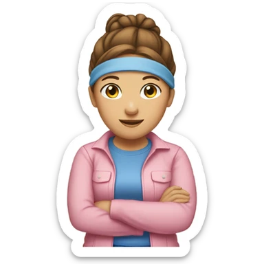 A white woman with brown hair in pony tail wearing pink headband, pink t shirt and blue overalls  sticker