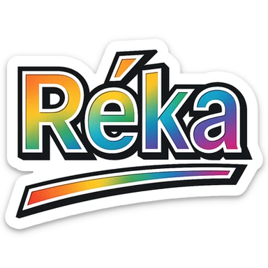 The name 'Réka' in modern, precise Hungarian letters with a rainbow gradient fill, extra thick white letter outline, dark contour, transparent background, dynamic slanted underline, styled like the sample images. sticker