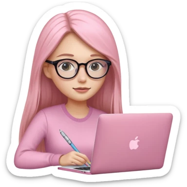 Mujer lacia peli larga y peli larga  en una MacBook rosa investigando y haciendo tareas con un libro de apuntes y con cara muy linda como modelo sticker