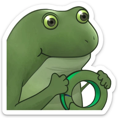 Pepe the frog holding a modern 'C' logo: four green concentric arcs on black, open to the right, bold and dynamic, with a sense of depth and movement. sticker