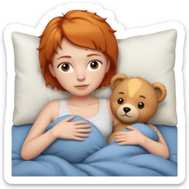 ginger woman short hair cuddle in bed with teddy sticker