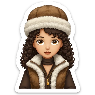 "A girl with curly dark hair 👩🏻‍🦱, wearing a fur hat 👒🦊 and a fur vest 🧥, standing in the snow ❄️ with pine trees 🌲 in the background, holding a Bashkir dombyra 🎶. Emoji style." sticker