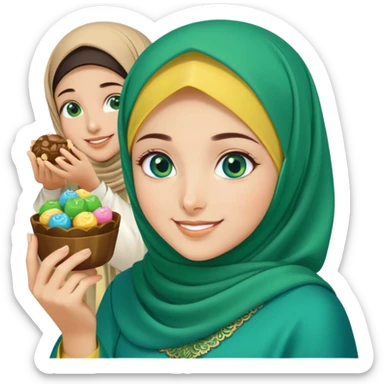 Turkish beautiful finish Konya girl blue eyes with green emerald yellow hijab islamic dress and had on her hand text Eid Mubarak with sweets and celebrating with her friends eid days   sticker