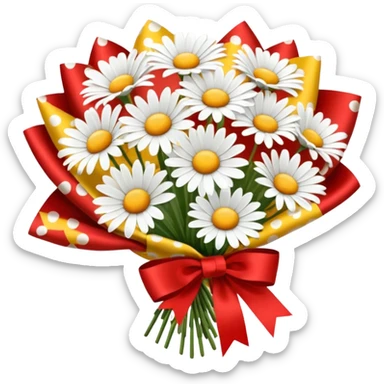 bouquet of daisy with bow and wrapping paper sticker