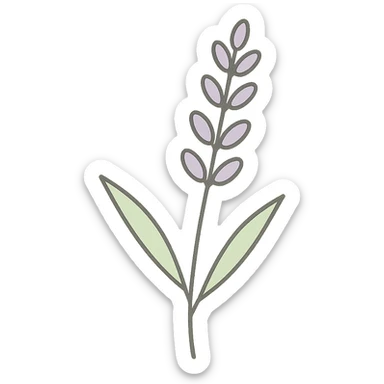 Convert this highly realistic lavender sprig back to a clean, minimal icon style with a soft background. Use simple lines and gentle color. sticker