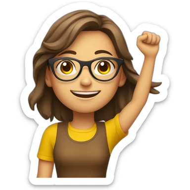 european girl with glasses, yellow t-shirt and brown hair celebrating arms up sticker