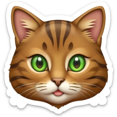 Cinematic Cute Brown Tabby Cat Portrait Emoji, Head tilted playfully and inquisitively, soft brown fur with rich dark tabby stripes and a distinctive M-shaped marking on the forehead, wide, sparkling golden-green eyes filled with curiosity, Simplified yet irresistibly adorable features, highly detailed, glowing with a warm, friendly glow, high shine, affectionate and lively, stylized with a touch of whimsy, bright and endearing, soft glowing outline, capturing the essence of a mischievous yet loving kitten, so playful it feels like it could pounce out of the screen and into your arms! sticker