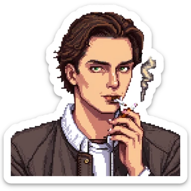 a guy with hazel eyes and slicked back brown hair stay with a lighter and a cigarette in his mouth with a sly expression on his face sticker