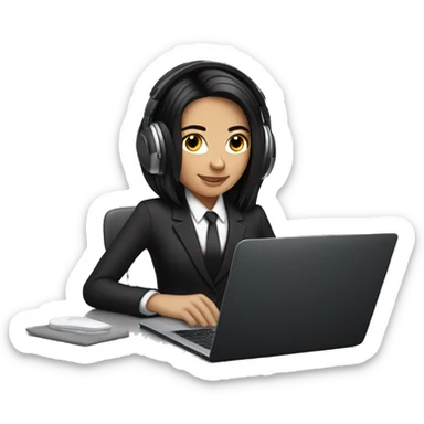 white girl with black hair working on laptop with headphones AND A TUXEO SUIT sticker