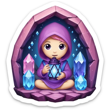 purple, blue, and pink crystal chibi creature holding a lantern inside a crystal-filled cave sticker