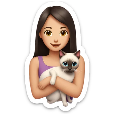 A girl hugs a Siamese cat and there are hearts around sticker