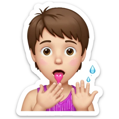 Pale Boy with shaggy brown hair, pink heart shaped eyes looking up , mouth open , water drop dripping from lips, hand touching cheek sticker