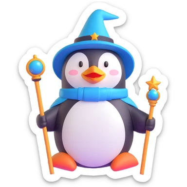a penguin dressed as a wizard, with a pointy hat and a magic staff, fun and whimsical 3D emoji style sticker