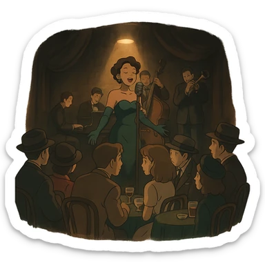 1940s jazz nightclub scene, ghibli style, moody lighting, no text sticker