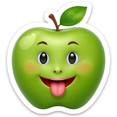 create a happy green apple with a face showing the tongue on IOS style sticker
