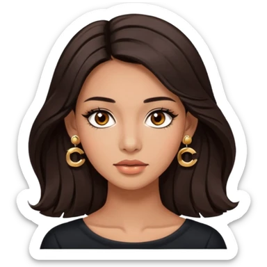 girl with brown asian eyes, long eyelashes, layerd mid length hair dark brown, tanned skin with Chanel earrings  sticker