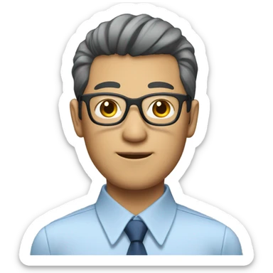 A Japanese man with a business haircut and glasses wearing a blue button up sticker