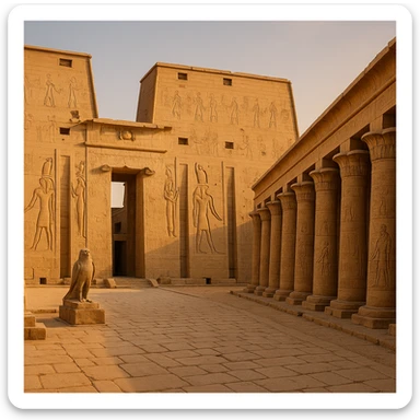 Edfu Temple in Egypt, ancient Egyptian architecture, sandstone columns, hieroglyphics, falcon motifs, iconic pylon entrance, warm desert colors sticker