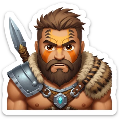 Clash of Clans style: Cinematic Rugged Barbarian Portrait Emoji, Intense and formidable with a stylized build, a rugged beard and expressive eyes, adorned in playful, battle-worn furs and cartoonish armor with tribal markings, Simplified yet powerfully detailed features, highly detailed, glowing with a deep, adventurous energy, high shine, spirited and determined, stylized with an air of raw, untamed power, soft glowing outline, capturing the essence of a barbarian warrior ready to lead epic quests! sticker
