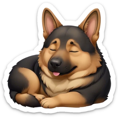 Cinematic Meme-Worthy Chubby Sleeping German Shepherd Portrait Emoji, Head resting peacefully with a blissful smile, showcasing a delightfully chubby build and a luxuriously thick tan and black coat, eyes shut in a serene nap, Simplified yet hilariously endearing features, highly detailed, glowing with a soft, drowsy light, high shine, relaxed and utterly lovable, stylized with an air of playful laziness, bright and heartwarming, soft glowing outline, capturing the essence of a comically sleepy guardian, so meme-worthy it feels like it could instantly become the next viral sensation of adorable slumber! sticker