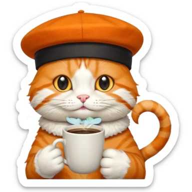 Orange cat, wear beret hat, holding coffee mug sticker