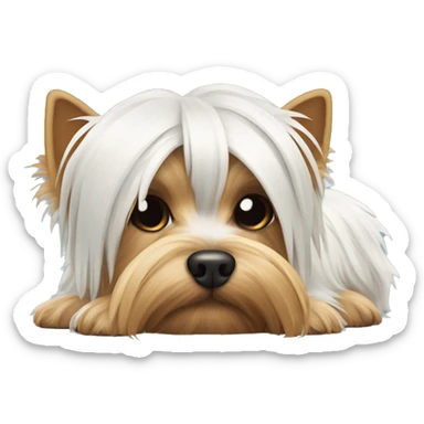White sleeping Yorkshire Terrier with tail sticker